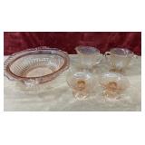 Pink depression glass serving bowl,cream and
