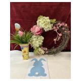 Easter vase, flower wreath , and  wood hanging.