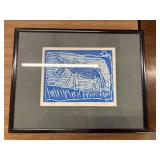Blue linocut print featuring a stylized horse