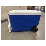 Blue and white Igloo Wheelie Cool 38 QT Cooler.