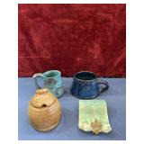 Pottery  ceramic mugs  'beehive' honey pot, and