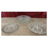 Pressed glass bowls and small torte plate .