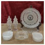 Vintage cut glass shakers, plates