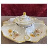 Ceramic lazy Susan chip and dip serving set.