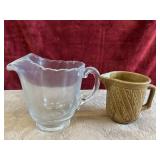 Pressed Glass Pitcher And Ceramic Pitcher.