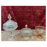 Glass pedestal candy dishes. lid missing.