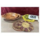 Wood salad bowls hand woven raffia trivets.