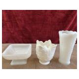 Milk glass pedestal candy dish. white satin milk