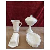Milk glass candy dishes, pitcher, Harvest Grape"
