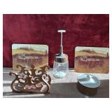 Farm wagon boards, vintage glass food and nut
