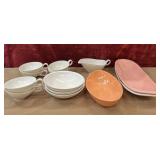 Bundle of plastic cups, bowls ,gravy boat, and