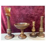 Wooden pedestal bowl and candle holders.