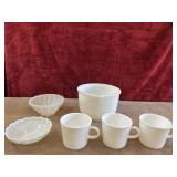 Milk glass  mixing bowl, desert cups , and mugs.