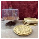 Wooden pedestal cake stand cheese boards, and