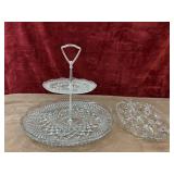 Two tier serving stand and divided relish dish.