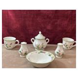 Porcelain floral mugs,bowl, shakers and sugar bowl
