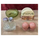 Gail Pittman ceramic napkin holder, shakers, and