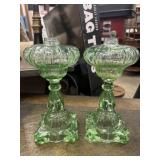 Pair of green pressed-glass oil lamp bases,