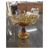 Fenton amber glass thumbprint compote.