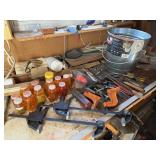 Bucket with Hand Tools, Clamps, Hatchet, Etc.