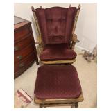 Vintage oak wood glider rocking chair and ottoman.