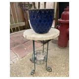 Small Blue Planter pot on Green Metal Stand w/