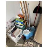 Bundle of misc cleaning supplies. Mops, brooms,
