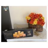 Fall decor bundle. Basket with flowers, flameless