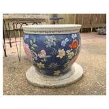 Blue Floral Planter Pot Outdoor Yard Art Decor.