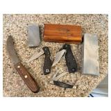 Collection of Pocket Knives & Sharpening Stones,