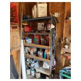 Metal Shop Shelf Full of Lawn Care Items, Gas