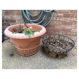 Plastic Planter Pot & Black Wire Hanging Flower