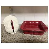 Vintage Ceramic Lidded Turkey & Maroon Red Baking