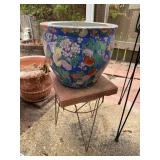 Blue Floral Planter Pot on Stand, needs cleaning