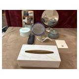 9 pc. Mirrors, metal musical powder puff box,