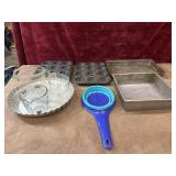 9 pc. used metal baking pans,  Fire king