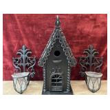 3 pc. wooden birdhouse, and metal wall candle