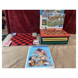 9 pc. Checker games, puzzle, and  playing cars