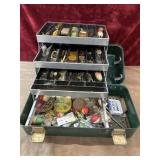 Green plastic fishing box. Contents included.