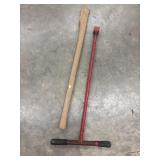 a T-handle valve operating key, wooden axe