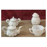 4 pc. milk glass lidded jar, sugar, creamer and
