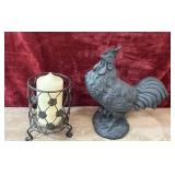 2 pc. resin rooster garden statue, and metal