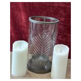 3 pc. etched glass cylinder candle holder and two