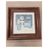 Vintage framed print featuring a blue-and-white
