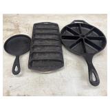 Cast iron pans. Small round skillet, a corn stick