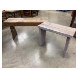 2 Rustic wooden benches crafted from thick,
