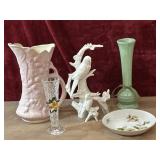 5 pc. ceramic ewer pitcher, glass bud vase, white