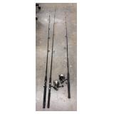 3 Fishing rods and spinning reels.