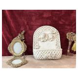 3 pc. bisque wall planter, tassel ornate key and