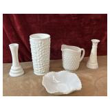 5 pc. vintage white milk glass vases, and hobnail